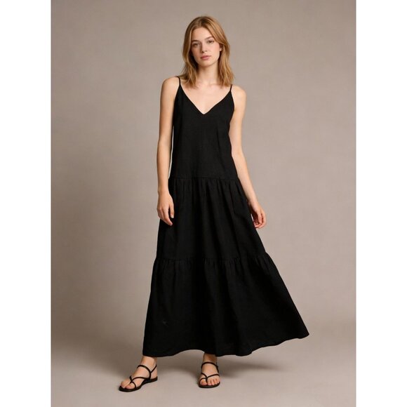 Farm Rio Dresses & Skirts - NWOT Farm Rio Linen Blend Black Sleeveless Layer Tiered Maxi Dress Size L